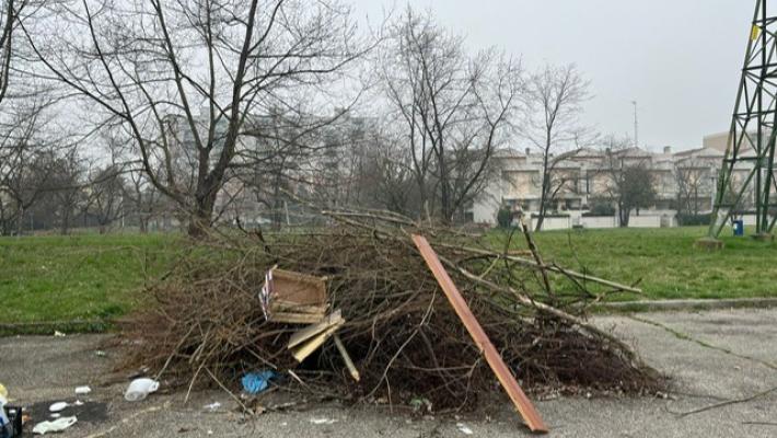 Cataste di legna e rifiuti in largo Emilio Lussu lungo via Budellungo
