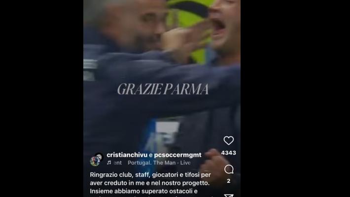 "Grazie Parma", con un messaggio social, (l'ex allenatore crociato) Chivu ringrazia la piazza gialloblù