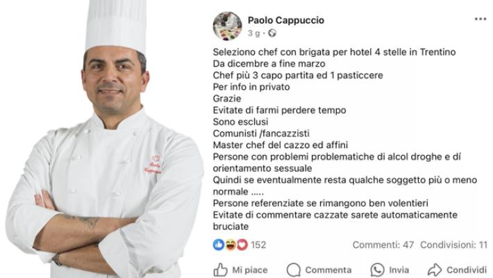 "Cerco chef, esclusi comunisti e gay", è bufera sul cuoco