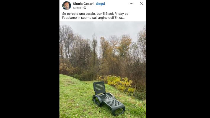 Il post ironico di Cesari: "Vi serve una sdraio?  L'abbiamo in sconto sull'argine dell'Enza"