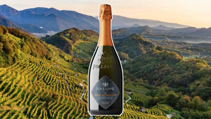Torri di Credazzo Prosecco Superiore Valdobbiadene Follador. Glera e Chardonnay, elegante al naso e fragrante al sorso