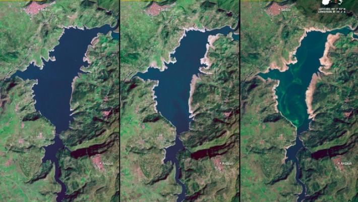 Emergenza idrica in Sardegna, foto dal satellite mostrano il lago Omodeo che si svuota