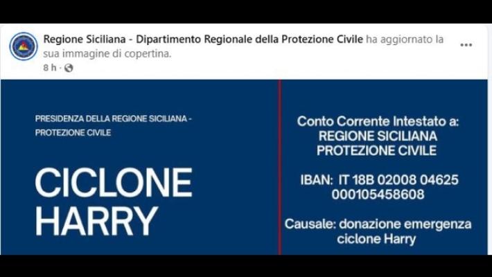 Ciclone Harry, Regione attiva conto corrente per donazioni