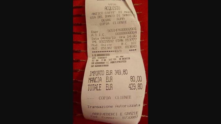 Maxi scontrino: conto regolare, ristorante multato per la mancia (80 euro) e suolo pubblico