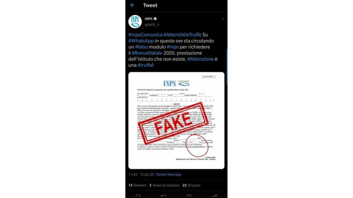 L'inesistente Bonus Natale Inps e il modulo fake che gira su Whatsapp e web