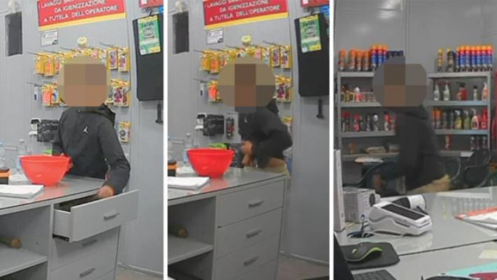 Baby ladro al distributore si porta via l'incasso
