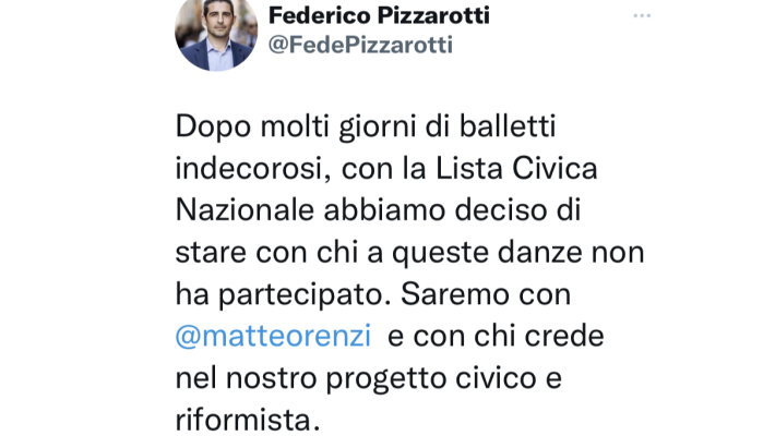 Pizzarotti: "La lista civica nazionale corre con Italia Viva (Renzi)"