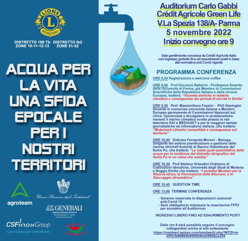 Lions Parma, Reggio Emilia, Mantova - Acqua per la vita: scenari futuri e sostenibilit&agrave;