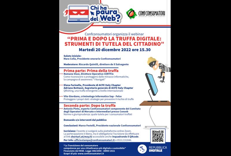 Webinar: &ldquo;Prima e dopo la truffa digitale&rdquo; marted&igrave; 20 ore 15,30