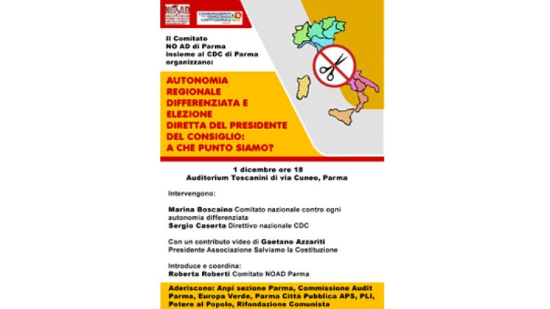 Un incontro su autonomia regionale differenziata e premierato a Parma