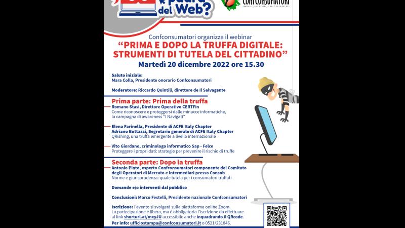 Webinar: “Prima e dopo la truffa digitale” martedì 20 ore 15,30